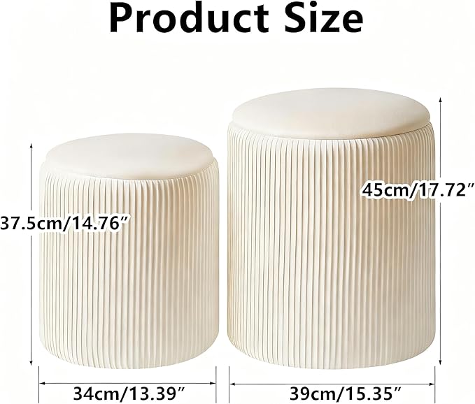 IBUYKE Round Ottoman with Storage Set of 2 Boucle Ottoman End Table for Living Room Vanity Stool Velvet Footrest Stool Bar Stool White UWBD005W