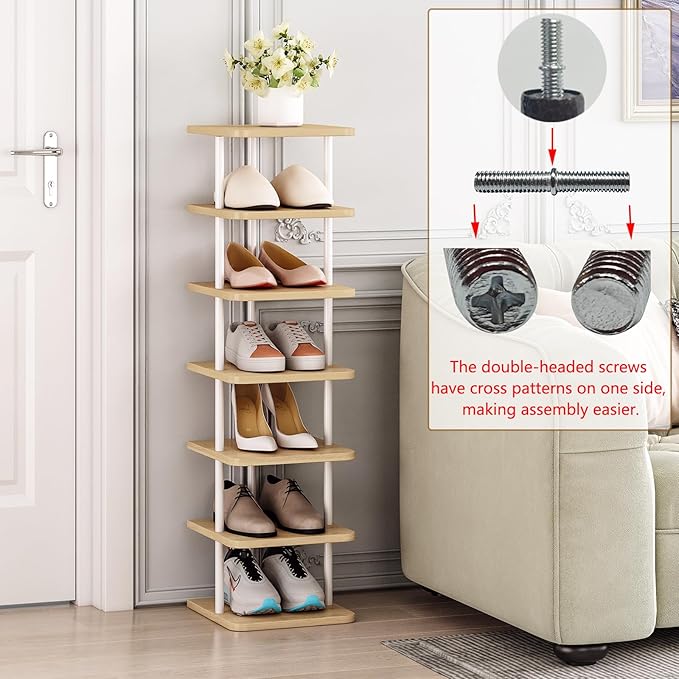 SORCEDAS 7 Tiers Vertical Shoe Rack Wooden Shoe Storage Organizer for Space Saving Narrow Shoe Shelf Storage 7 Pairs for Entryway Living Room Bedroom(White+Oak)