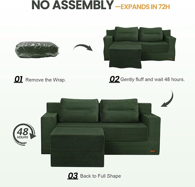 COMAX Futon Sofa Bed, Boneless Loveseat Couch in A Box, 67" L-Shaped Convertible Sofa Bed Corduroy for Living Room, Fold Out Small Foldable Loveseat Foam with Movable Ottoman, Floor Sleeper, Green