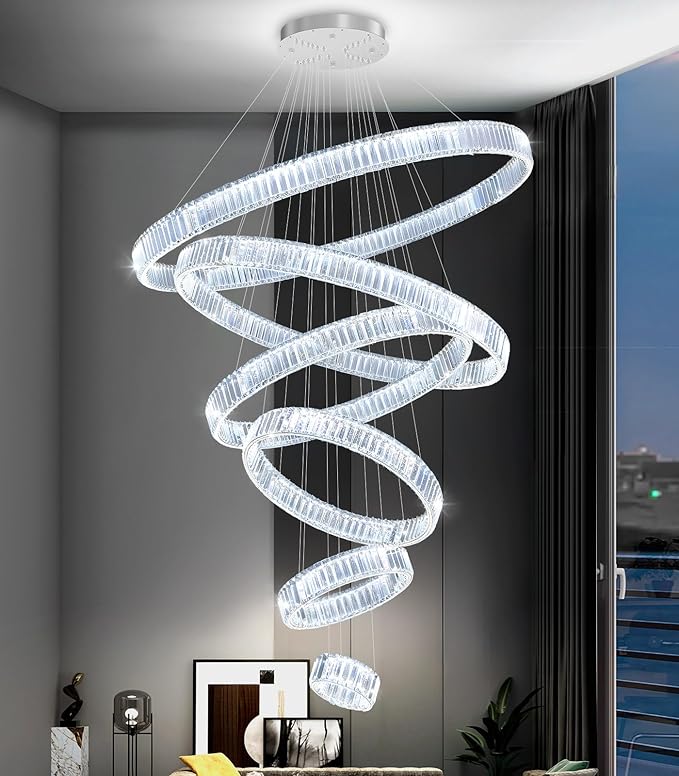 Large Ring Chandelier Modern Crystal Chandeliers for High Ceiling Round LED Dimmable Ceiling Light Fixture for Foyer Long Stair Silver 8''+16''+24''+32''+40''+47''