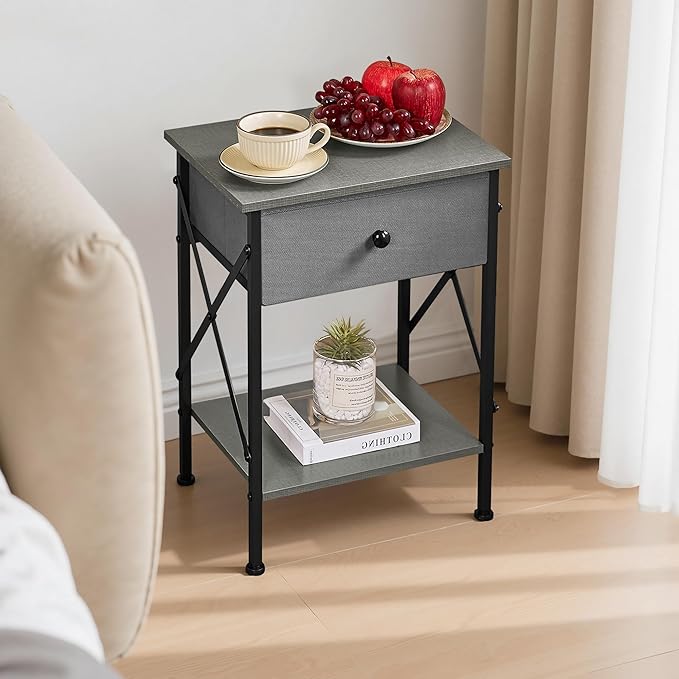 VECELO Nightstand, X-Design End Side Table with Fabric Storage Drawer and Open Shelf, Bedside Night Stand with Steel Frame for Bedroom, Living Room,Dorm, Easy Assembly, Hemp Gray