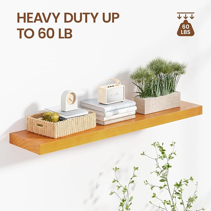 Heimlove 36 Inch Floating Shelves for Wall Brown Shelves Set of 2,Wall Mounted Rustic Wood 8 Inch Deep Floating Shelf with Invisible Brackets for Bedroom Kitchen Living Room
