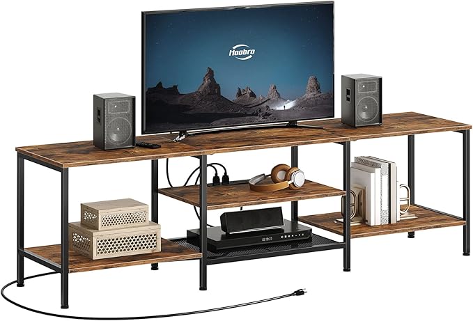 HOOBRO TV Stand with Power Outlets to 75 Inches, TV Console Table with Open Storage Shelves Cabinet, Industrial Media Entertainment Center for Living Room Bedroom, Rustic Brown and Black BF80DS01