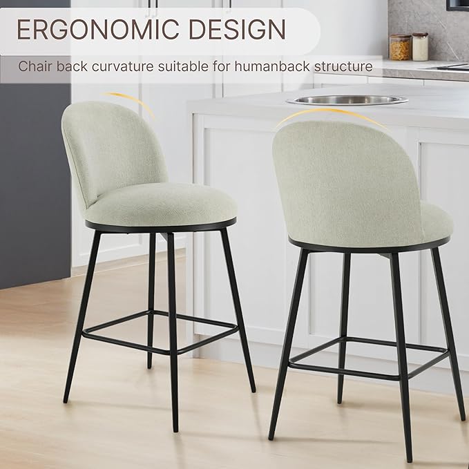 Swivel Bar Stools Set of 3, 26" H Upholstered Linen Fabric Barstools with Backs,Counter Height Stools with Metal Legs for Kitchen Island,Grey,1 Box