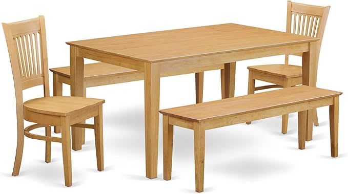East West Furniture CAVA5C-OAK-W 5 Piece Dining Room Table Set Includes a Rectangle Kitchen Table and 2 Dining Chairs with 2 Benches, 36x60 Inch, Oak