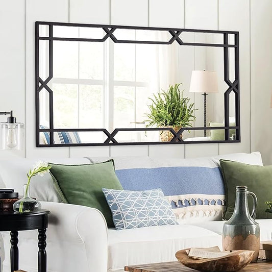 Chende Large Wall Mirror for Decor, 24''x47'' Black Decorative Mirror with Matte Black Metal Pipe Frame, Rectangular, Horizontal/Vertical, Living Room, Bathroom, Entrance