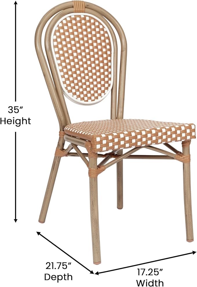 Flash Furniture Lourdes Indoor/Outdoor Commercial Thonet Bistro Stack Chair - Natural/White PE Rattan Back and Seat - Light Natural Bamboo Print Metal Frame