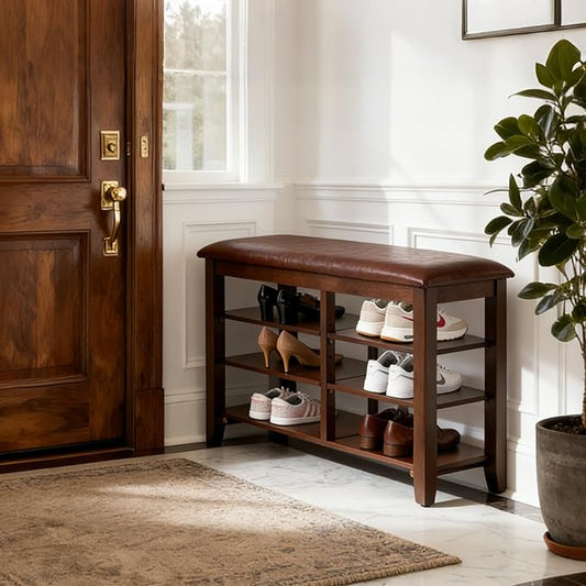 PY HOME & SPORTS Shoe Rack for Entryway 23.6": 3-Tier Shoe Storage Bench, Adjustable/Removable Shelves, Rubberwood Shoe Benches for Hallway, Porch, Bathroom, Brown