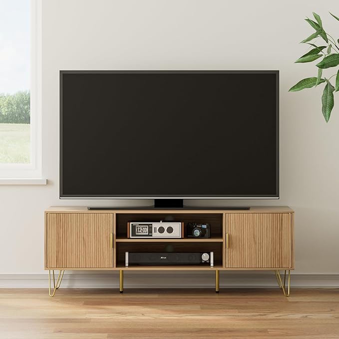 TV Stand for 55-65 Inch TV, Entertainment Center with Soft Hinge Door,TV Console Table with 2 Cabinets with Gold Handle and Feet,for Living Room, Bedroom, Oak