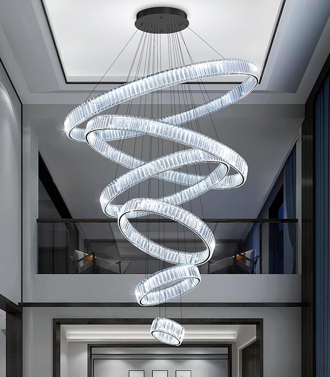Large Ring Chandelier Modern Crystal Chandeliers for High Ceiling Round LED Dimmable Ceiling Light Fixture for Foyer Long Stair Black 8''+16''+24''+32''+40''+47''