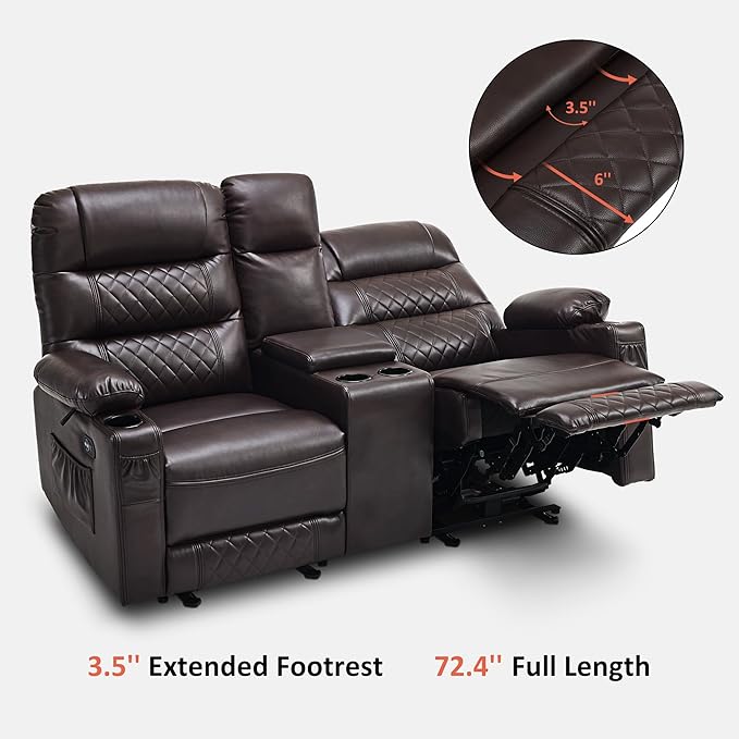 MCombo Zero Gravity Power Loveseat Recliner with Console, Heat and Vibration Massage, Reclining Loveseat Sofa with USB Ports, Cup Holders for Living Room, Faux Leather PR622Sets (Dark Brown)