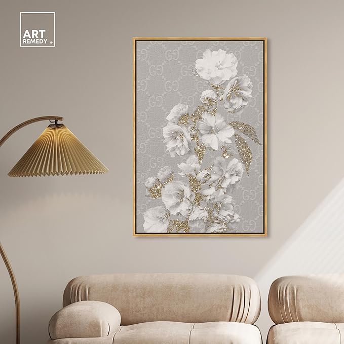Art Remedy Floral in Classic Fashion Canvas Delicate Farmhouse Wall Art, Gold Frame, 30" x 45"