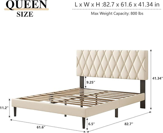 Queen Size Bed Frame with Diamond Tufted Headboard, Velvet Upholstered Platform Bed and Wooden Slat Support, Noise-Free, No Box Spring Needed, Easy Assembly, Beige