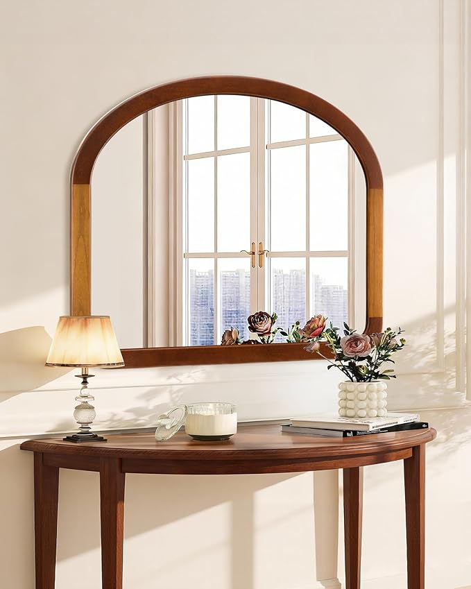 Arched Mirror 34 x 29 Inch,Brown Wood Rustic Bathroom Tempered Wall Mirror with Wood Frame,Round Corner Arch Farmhouse Wooden Vanity Mirror for Living Room,Entryway or Bedroom（Walnut Brown）
