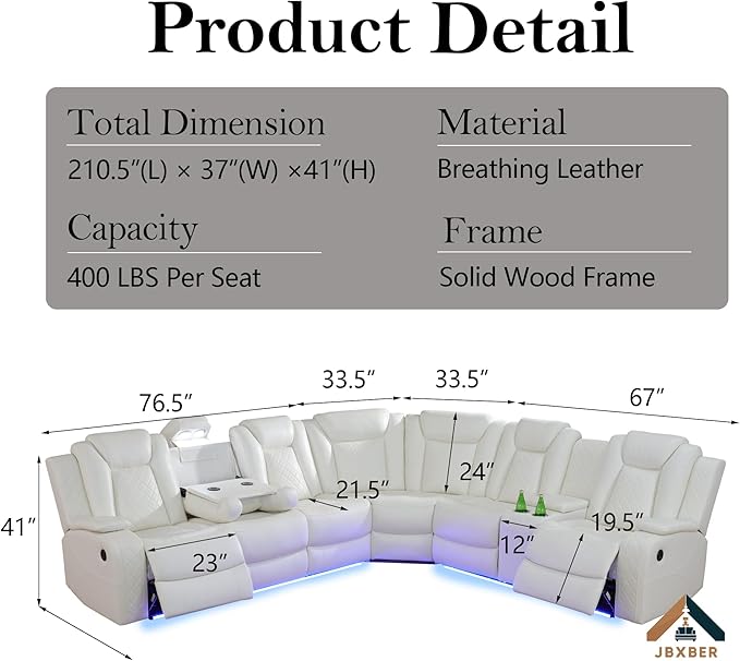 Power Recliner Sectional Sofa Set for Living Room, Leather Recliner Sofa Sets, L-Shaped Corner Sectional Couch Sets with LED Lights, Console Storage(Sectional,Cream)