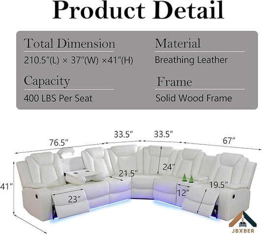 Power Recliner Sectional Sofa Set for Living Room, Leather Recliner Sofa Sets, L-Shaped Corner Sectional Couch Sets with LED Lights, Console Storage(Sectional,Cream)
