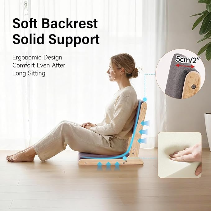 Tiita Foldable Tatami Chair, Japanese Floor Chair, Wood Legless Back Rest Chairs with Cushion, Accent Meditation Floor Chairs Bay Window, Wood Dark Grey