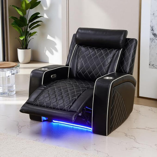 Power Leather Recliner Chair Sofa, Living Room Furniture Sets, Breathing Leather Reclining Couch Chair, Luxury Single Black Recliner with Cup Holder/Charging Port/LED for Home Theater/Office