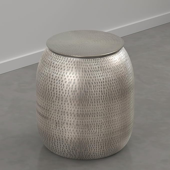 SIMPLIHOME Griffen Metal Storage Accent Table - 19 inch Wide Solid Metal Round Drum Side Table in Antique Nickel, Industrial End Table for Living Room with Hidden Storage Space, Assembled