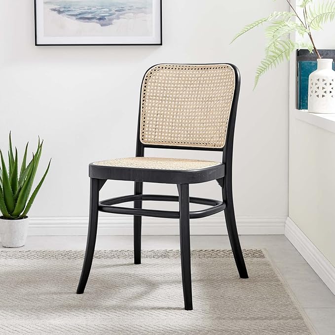 Modway Winona Elm Wood Cane Rattan Seat, Dining Side Chair - Set of 2, Black