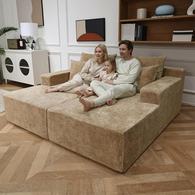 Sytopia Loveseat Chaise Lounge with Armrests, Oversized Sofa Bed with 4 Pillows, Cozy Boneless Sleeper, Modular Sectional Couch for Living Room Bedroom, Floor Chair Furniture sala Chenille