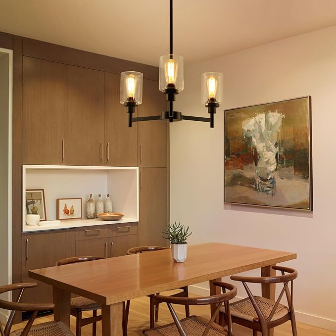 3 Lights Black Chandeliers for Dining Room Light Fixture Over Table, Entryway Chandelier for Foyer, Hallway Lighting Fixtures with Glass Shade for Dining Room Kitchen Island Foyer Hallway