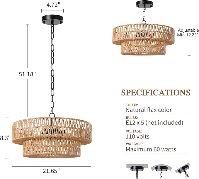 LamQee 22 Inch Farmhouse Rattan Chandeliers, 5 Lights Boho Chandelier Light Fixture with Hand Woven Wicker Shade, Large Rattan Pendant Lights Ceiling Hanging Lighting for Dining Room Kitchen Island