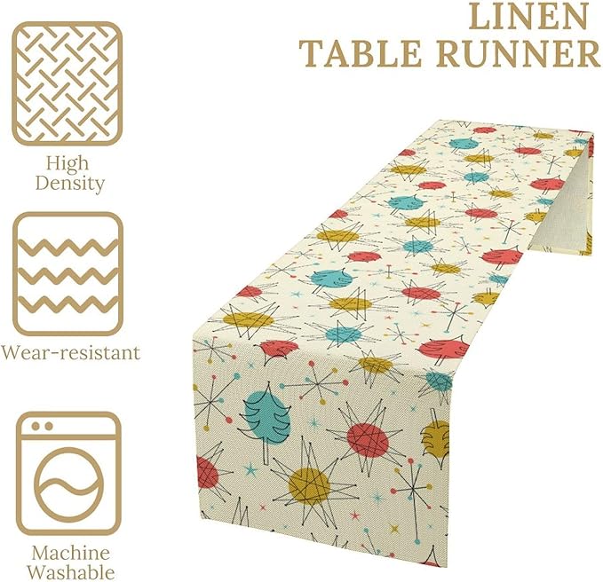 Abstract Mid Century Table Runne Modern Colorful Geometric Vintage Stars Atomic Starburst Table Decoration for Home Kitchen Dining 13x90in