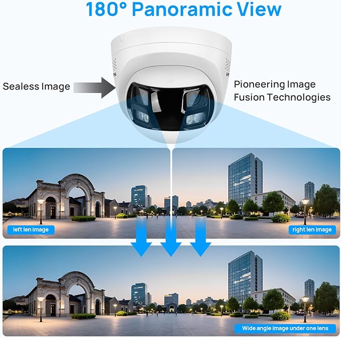 VIKYLIN 8MP 4K Dual Lens Poe IP Security Camera with 180° Panoramic Wide Angle,Smart Hybrid Light, Human/Vehicle Detection, Strobe Light&Audible Warn,2-Way Audio, 512 GB SD Card Slot,IP67 (2mm Lens)