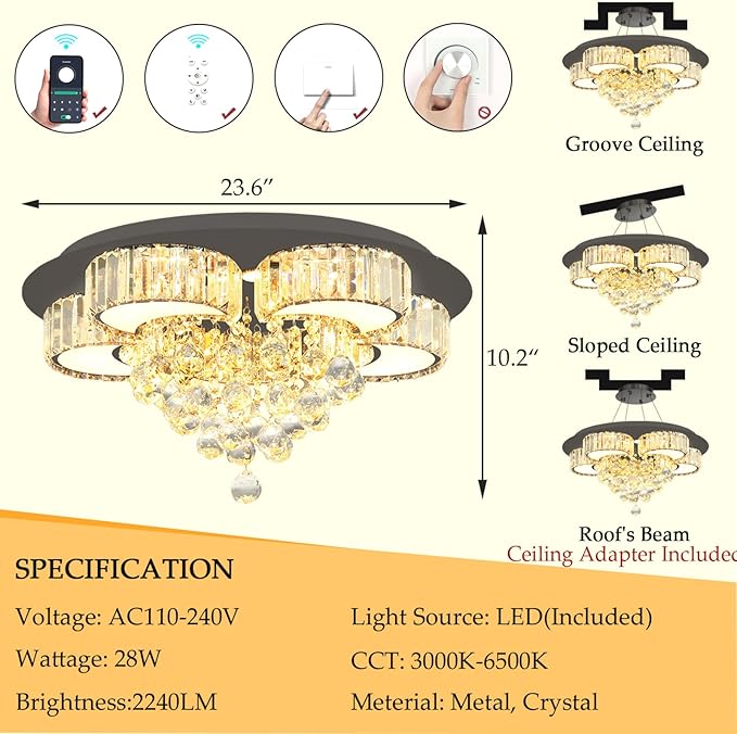 23.6'' Black Modern Crystal Chandeliers for Dining Room LED Dimmable Light Fixtures Flush Mount Light Living Room Bedrooms