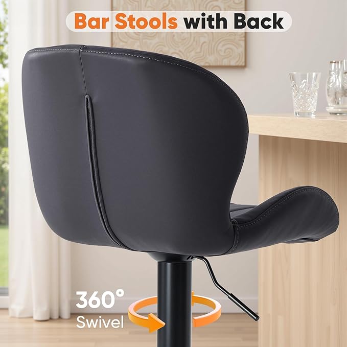 Sweetcrispy Bar Stools Set of 4, Modern Swivel Bar Chairs, Adjustable Fabric Upholstered Barstools Counter Height with Backrest for Bar, Kitchen Island, Dining Room, Black