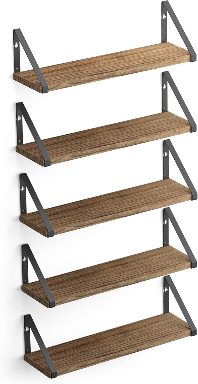 Wallniture Ponza 17'' x 4.5'' Floating Wall Shelf Bathroom, Small Wood Book Shelves for Wall Storage, Wall Mounted Shelf, Dining Room, Bedroom, Living Room, Office & Kitchen Organization, Burnt, 5pcs