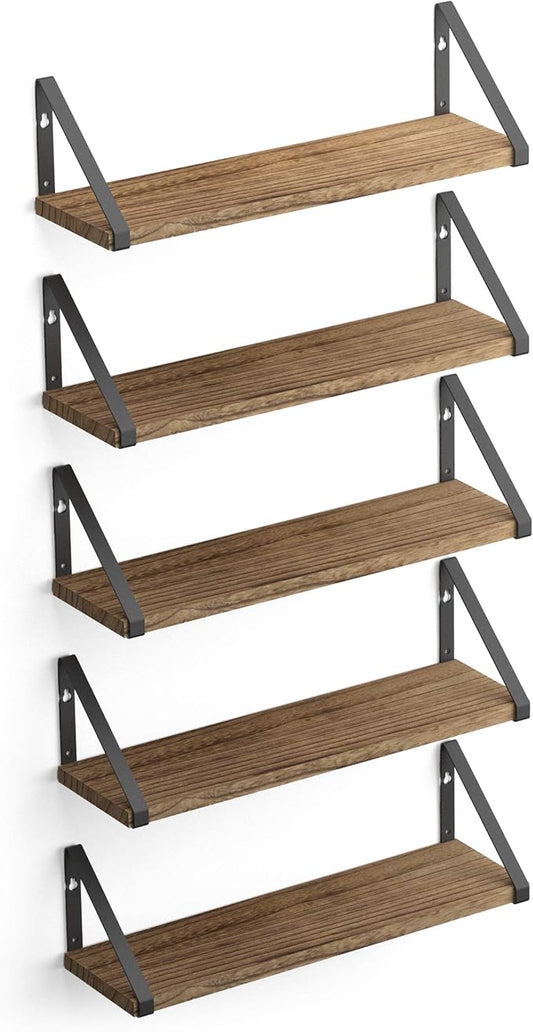 Wallniture Ponza 17'' x 4.5'' Floating Wall Shelf Bathroom, Small Wood Book Shelves for Wall Storage, Wall Mounted Shelf, Dining Room, Bedroom, Living Room, Office & Kitchen Organization, Burnt, 5pcs