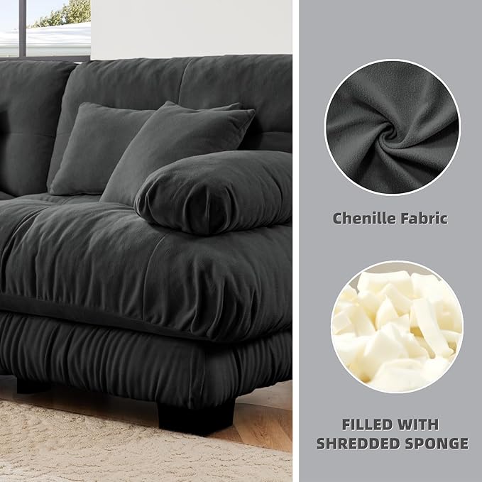133.8" L-Shaped Cloud Couch, Oversized Modular Sectional Sofa, Deep Seat Cloud Boneless Couch, 3-Seat Modular Sectional Sofa with Ottoman or Living Room,Bedroom and Apartment, Gray