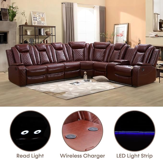 Power Recliner Sectional Sofa with LED Light, Breathing Leather Recliner Sofa Couch with Storage/Cup Holder for Living Room Home Office Theater (Red)