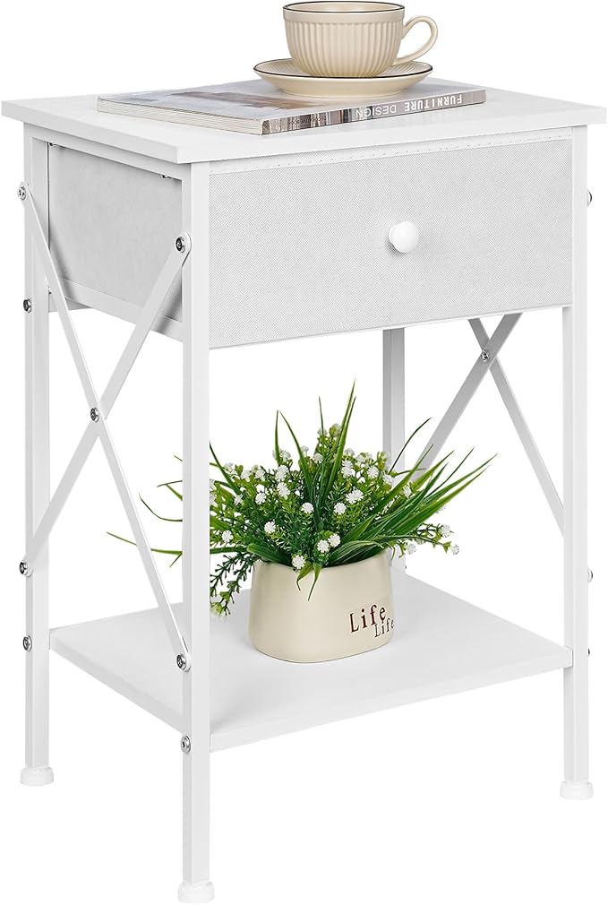 VECELO Nightstand, X-Design End Side Table with Fabric Storage Drawer and Open Shelf, Bedside Night Stand with Steel Frame for Bedroom, Living Room,Dorm, Easy Assembly, White