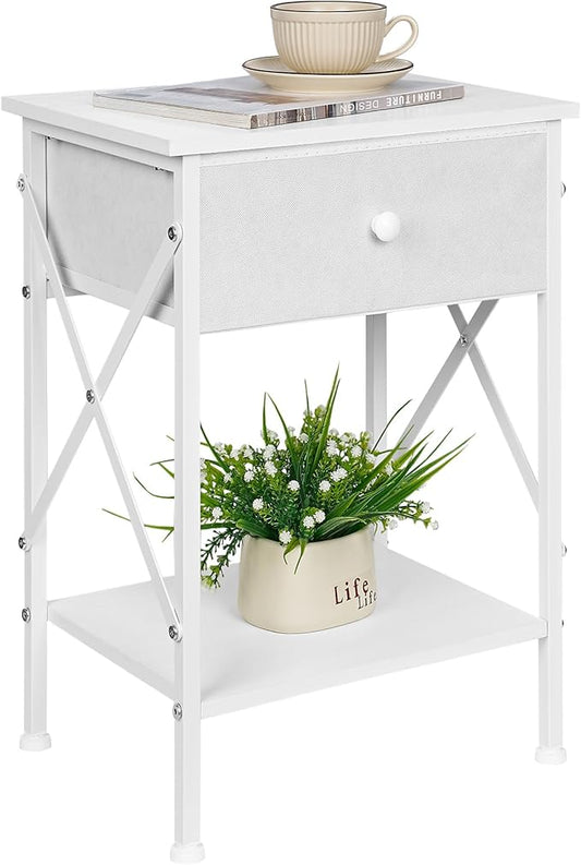 VECELO Nightstand, X-Design End Side Table with Fabric Storage Drawer and Open Shelf, Bedside Night Stand with Steel Frame for Bedroom, Living Room,Dorm, Easy Assembly, White