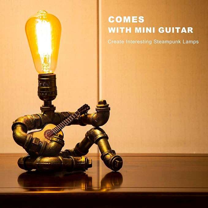 Music Guitar Table Lamp,Steampunk Table Lamp,Retro Guitars Steampunk lamp,Cool Industrial Metal Tube Robot Lamp Gifts for Music Lovers