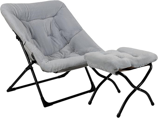 Comfy Saucer Chair for Adults, Soft Faux Fur Bedroom Chair with Ottoman, Accent Dorm Chairs, Living Room Reading Chairs and Footstool, Folding Seat for Teens, X-Large, Grey