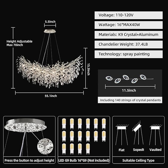 Modern Chrome Rectangular Chandelier for Living Room, 55" Luxury K9 Crystal Raindrop Light Contemporary 16 Light Tree Branch Chandelier for Kitchen Island, Living Room, Dining Room