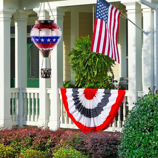 DREAMSOUL Flag Solar Hot Air Balloon Lantern with Flame, Hanging Solar Lanterns Outdoor Waterproof Glass Lantern Flag Day for Patio Decor, Fourth of July Decorations