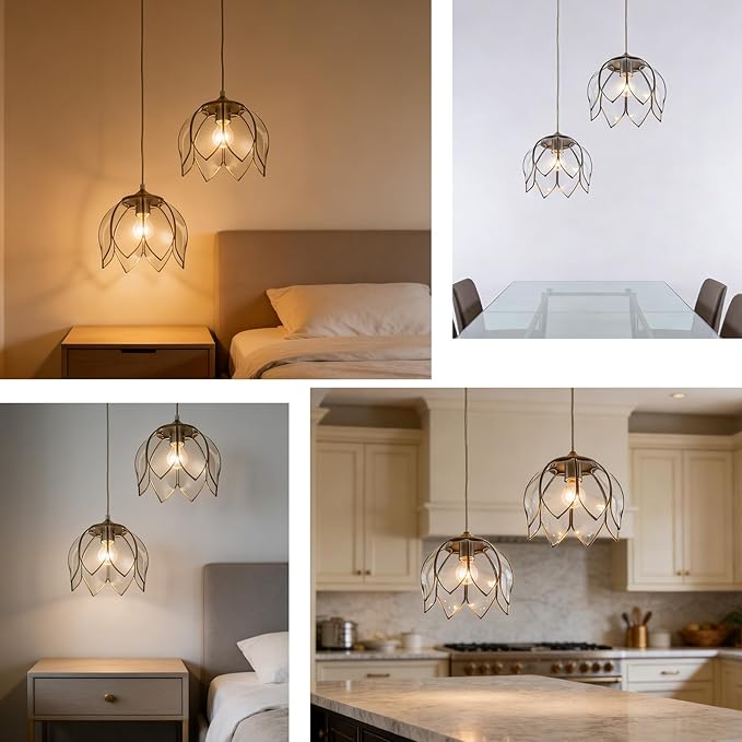 Brass Glass Ceiling Lotus Vintage Pendant Light, Hanging Chain lamp, with Vintage Lotus Flower Glass Shade for Kitchen Island Dining Room Bedroom Living Room-9.25" Clear Shade