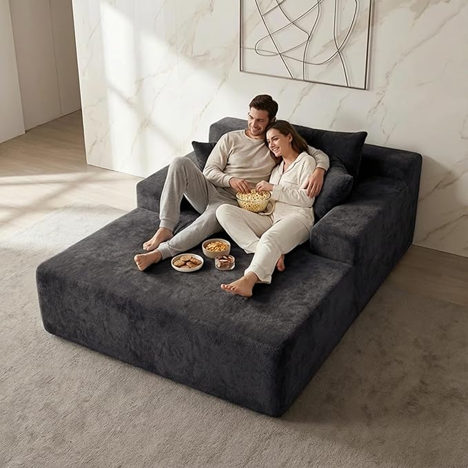 Sytopia Chaise Lounge with Armrests, Oversized Sofa Bed with 3 Pillows, Cozy Boneless Couch, Sleeper Reading Chair for Living Room Bedroom, Floor Sofa Chenille, Furniture Sala, Black Onyx