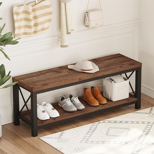 BON AUGURE Entryway Bench with Storage, 2 Tier Wood Metal Shoe Bench, Storage Benches for Bedroom, Entrance, Hallway, Mudroom, Indoor (47 inch Wide, Rustic Oak)