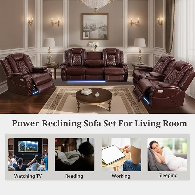 Power Recliner Sofa Set, Air Leather Reclining Couch with LED/Cup Holders/Storage, 2 Pieces Reclining Living Room Furniture, Burgundy Leather Sofa and Loveseat for House/Apartment/Office