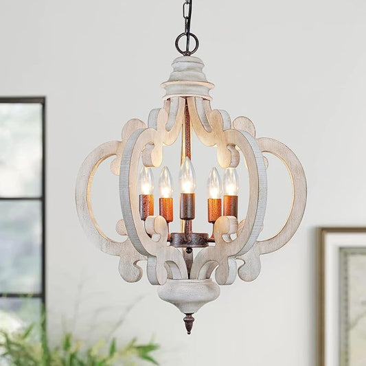 5-Lights Wood Farmhouse Chandelier, Dining Room Light Fixture, Industrial Rustic Farmhouse Chandeliers for Dining Room Kitchen Island Bedroom Foyer Hallway Front Door