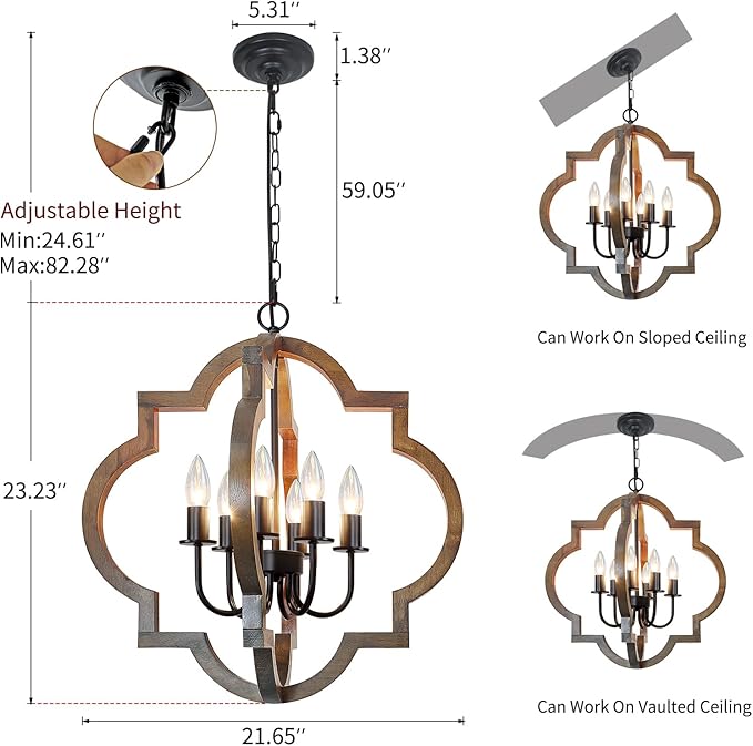 21.65'' Farmhouse Wood Chandelier, 6-Light Rustic Dining Room Light Fixture, Orb Chandelier Light Adjustable Height, Wood Pendant Lighting for Kitchen Island Foyer Living Room Hallway