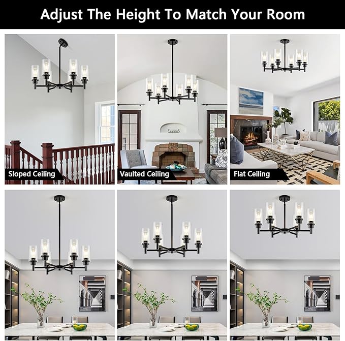 Modern Black Chandeliers for Dining Room, 6-Light Chandelier Light Fixture with Clear Glass Shades, Metal Hanging Pendant Lighting for Living Room, Kitchen, Staircase, Entryway