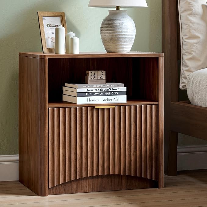 Evermagin Fluted Nightstand, Walnut Bedside Table with Drawer and Storage, Wood End Table Mid Century Modern, Large Night Stand for Bedroom