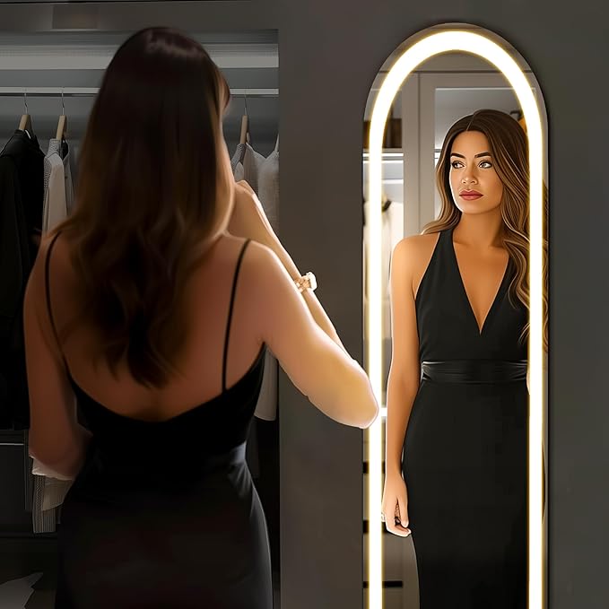 Alpen Arched Full Length Mirror, 61" x 16" Floor Mirror with Stand, Body Floor Mirrors with Dimming & 3 Color Lighting, LED Mirrors for Bedroom, Dressing Room, Cloakroom